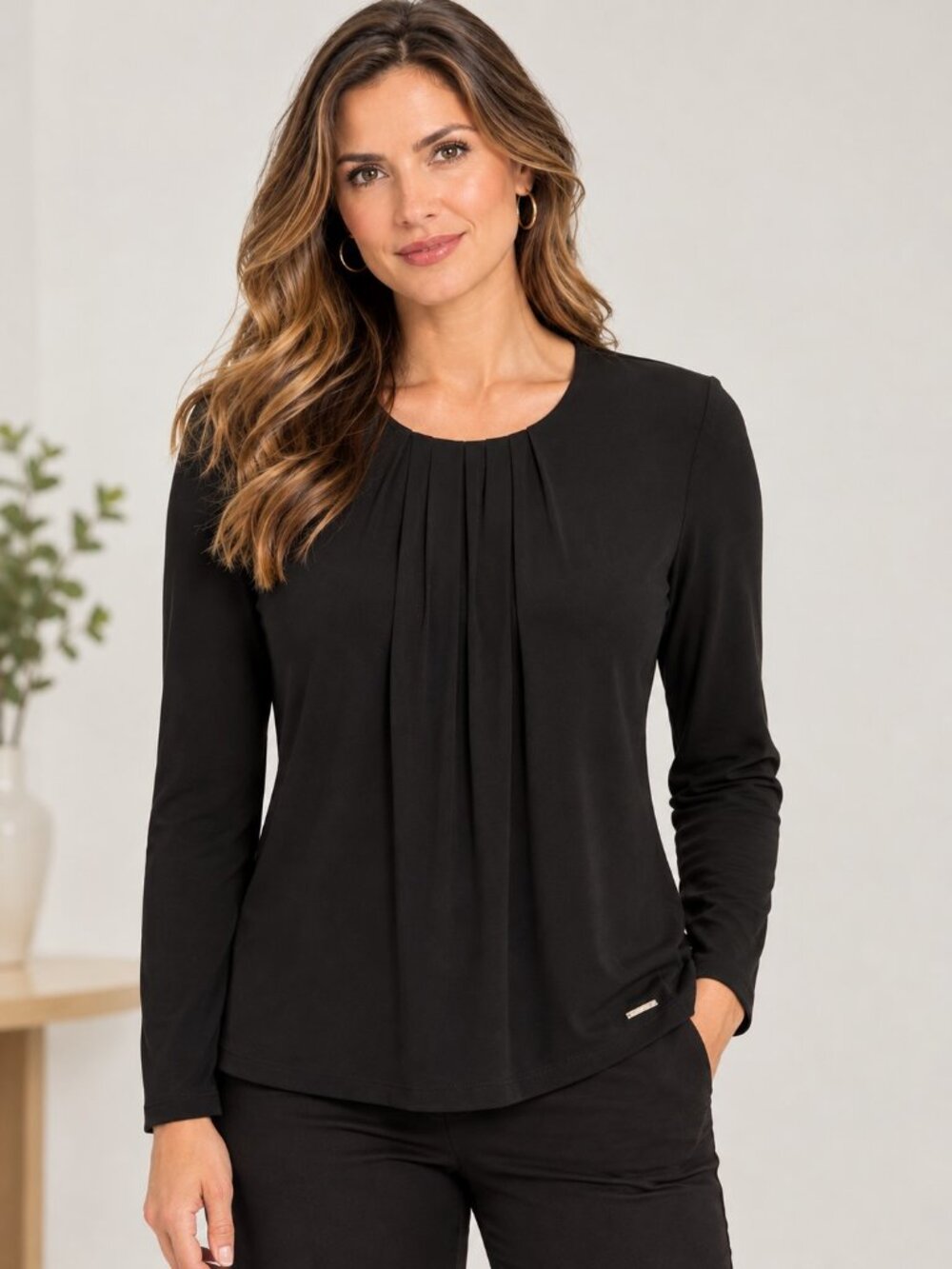 Calvin Klein Pleated Neck Long Sleeve Blouse